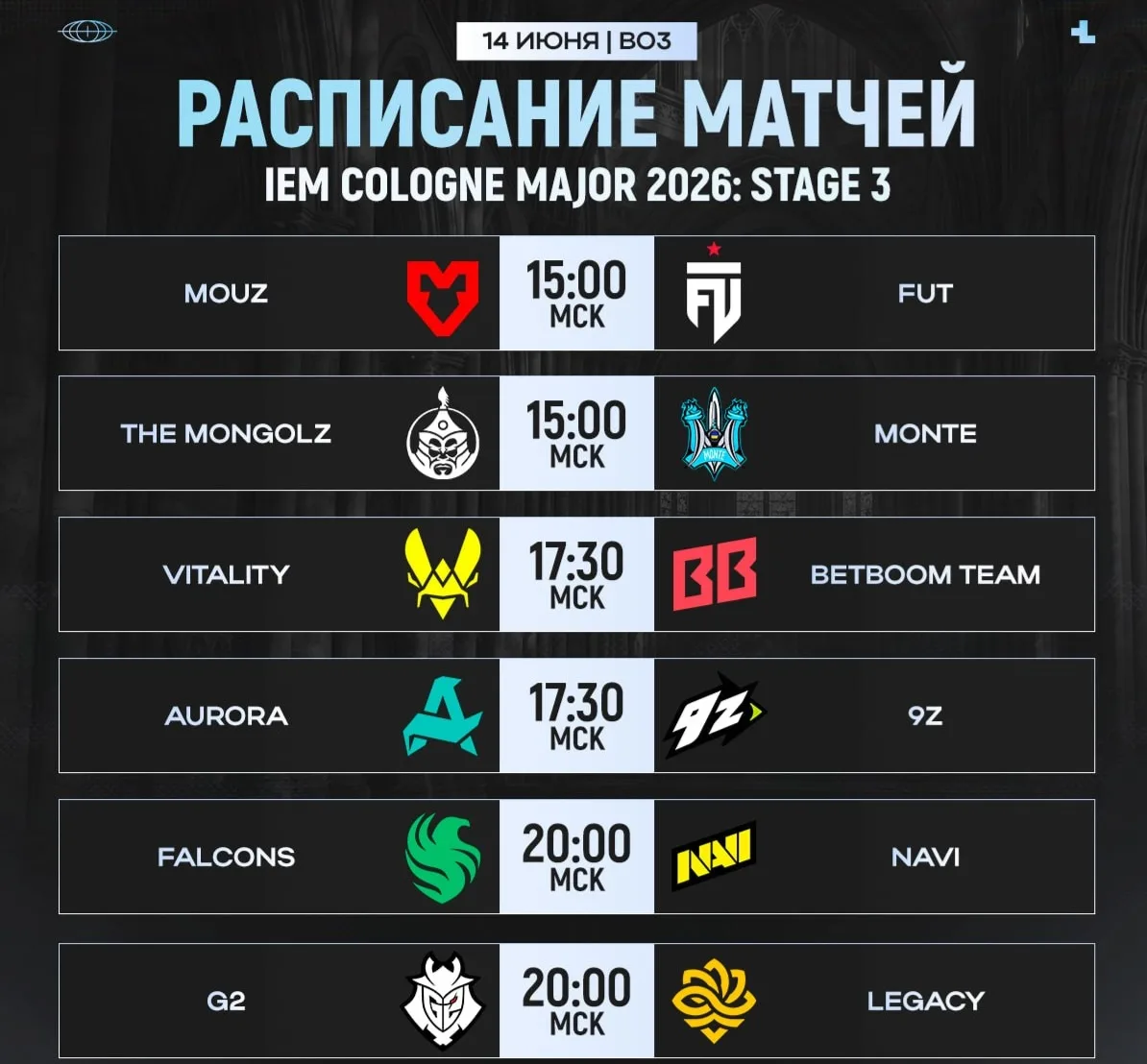 🗓 Расписание матчей четвертого игрового дня IEM Cologne Major 2026: Stage 3