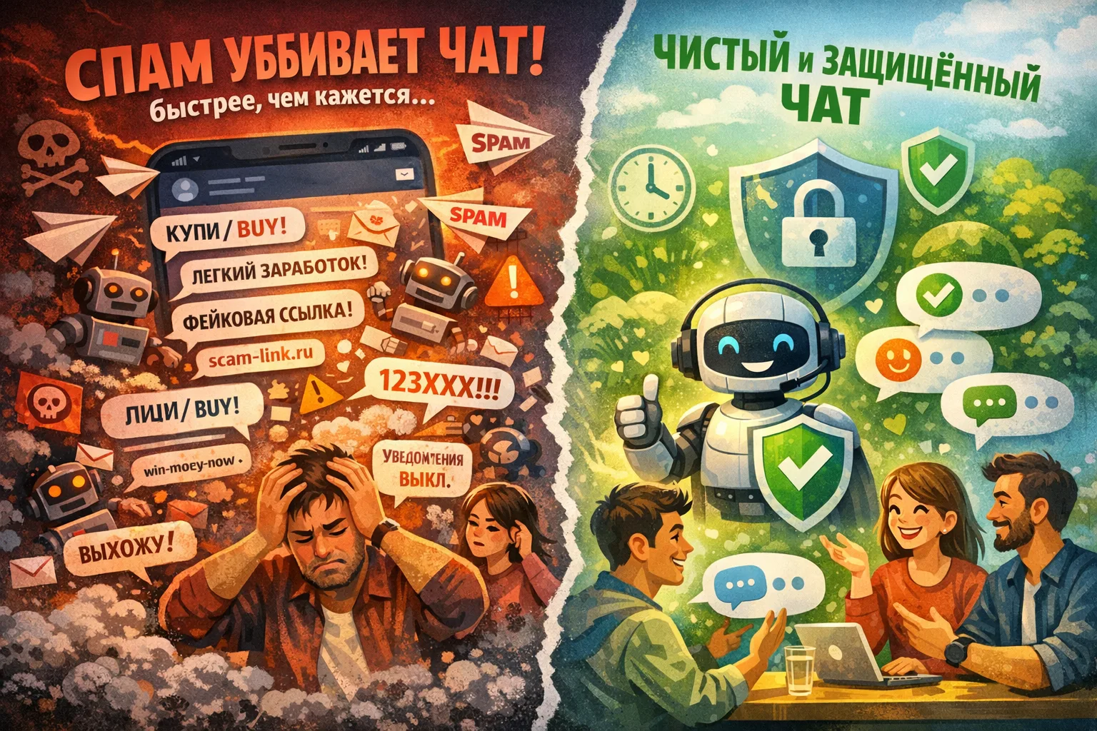 🚨 Спам убивает чат быстрее, чем кажется

Сегодня любой чат без защиты — лёгкая добыча для спамеров.