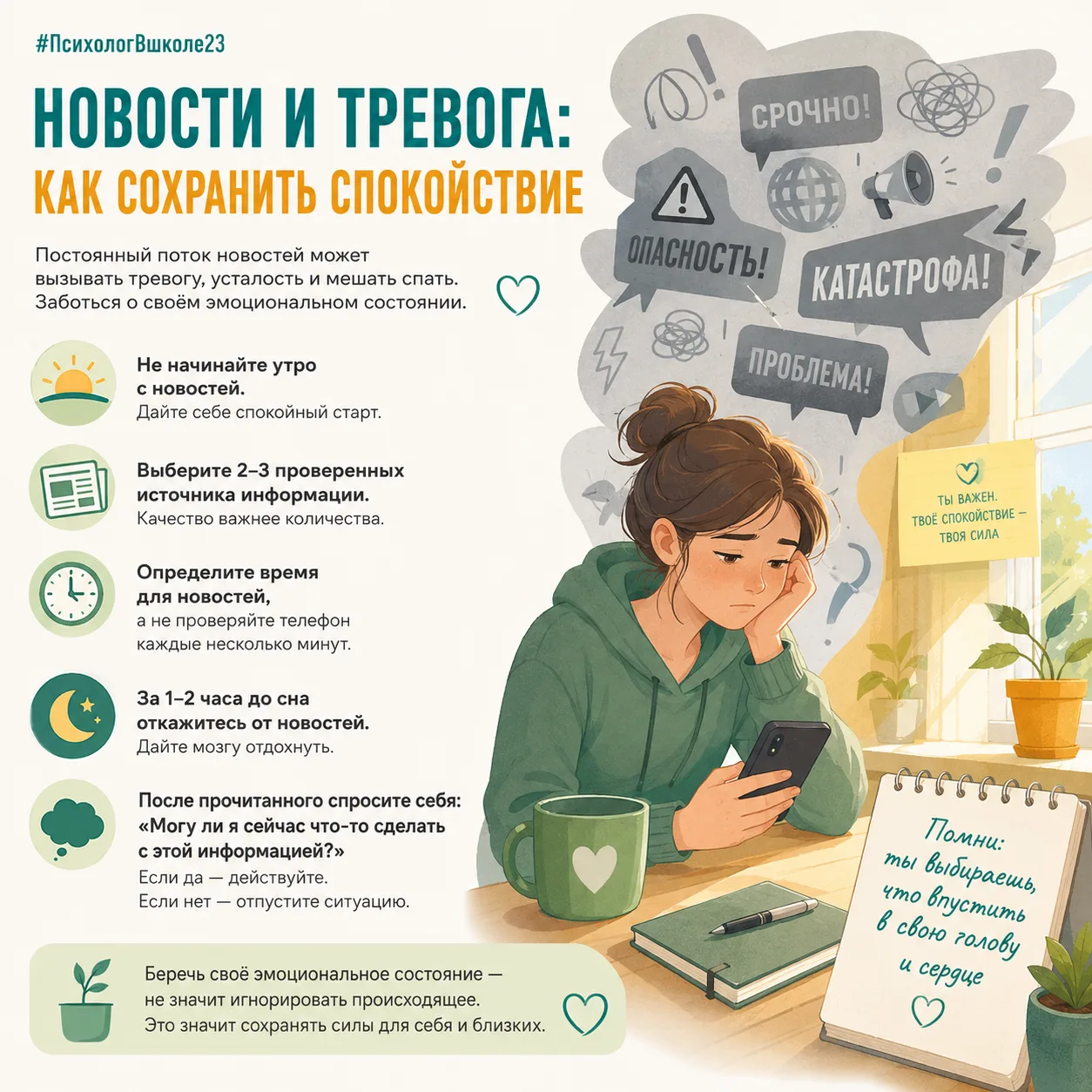 #ПсихологВшколе23 🌿

 Новости и тревога: как сохранить спокойствие 💛

Сегодня новости окружают нас