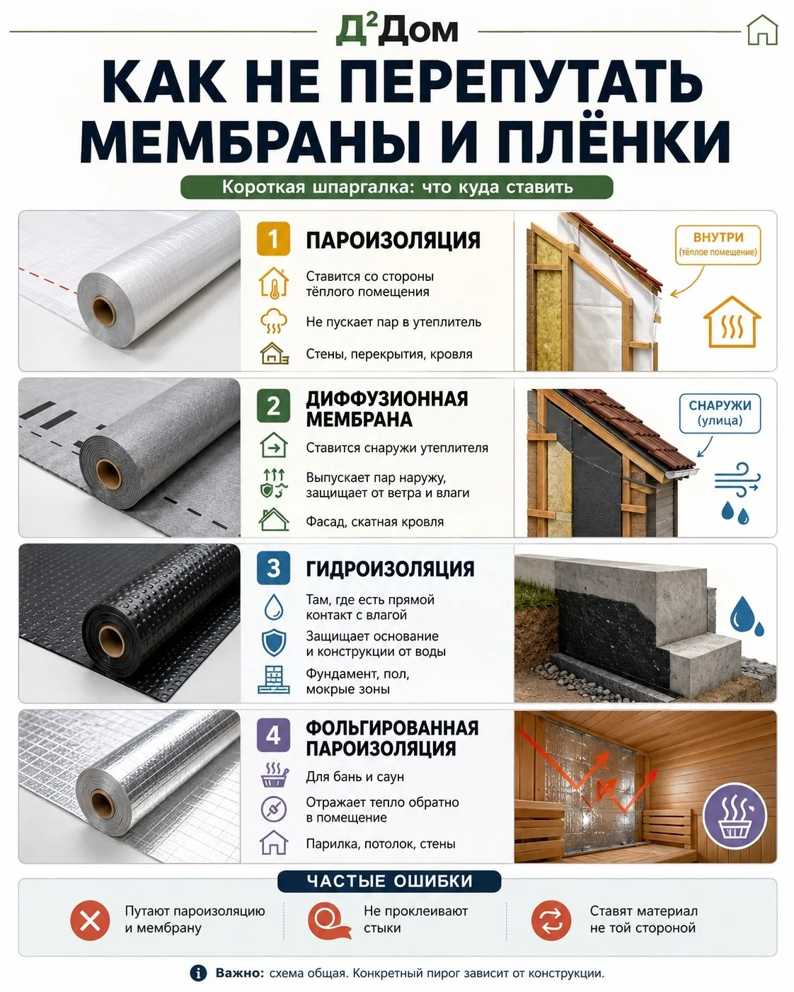 Мембраны и плёнки: что куда ставить?

❓Одна из самых частых ошибок на стройке — перепутать плёнки ме