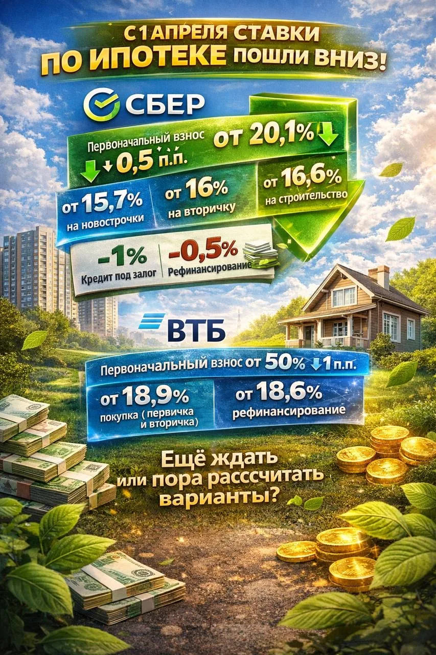 🏦 С 1 апреля рынок ипотеки немного «выдыхает» — сразу 2️⃣ крупных игрока снижают ставки 👇

И это у