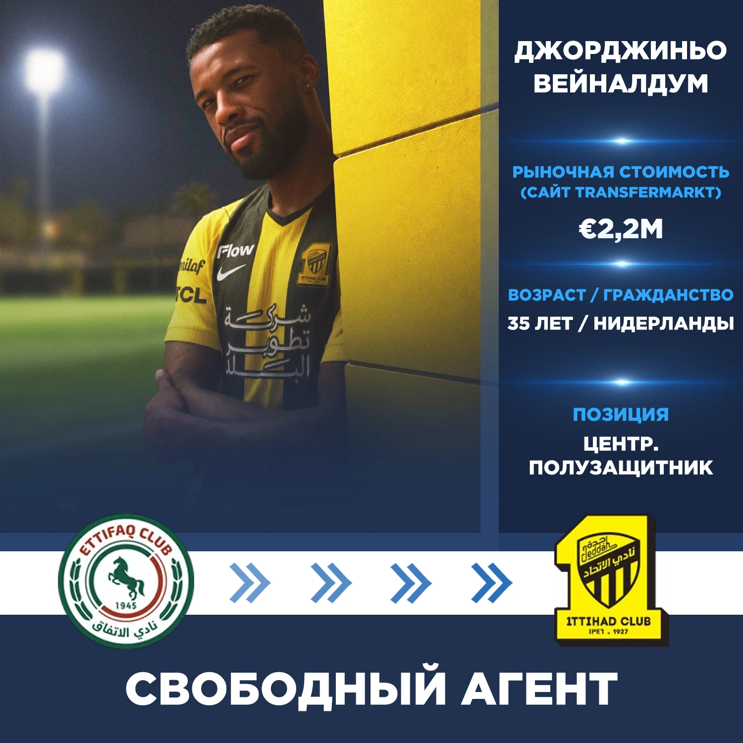 Официально: Джорджиньо Вейналдум перешёл в «Аль-Иттихад» из «Аль-Иттифака».