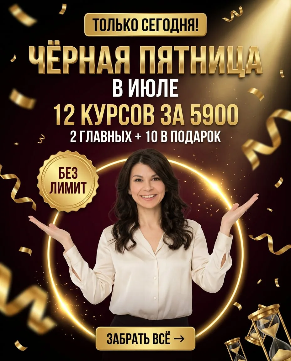 ⚡️ ЛЕТНЯЯ ЧЁРНАЯ ПЯТНИЦА ⚡️

12 курсов — за 5 900 ₽
Девочки мои дорогие, я собрала для вас всё самое