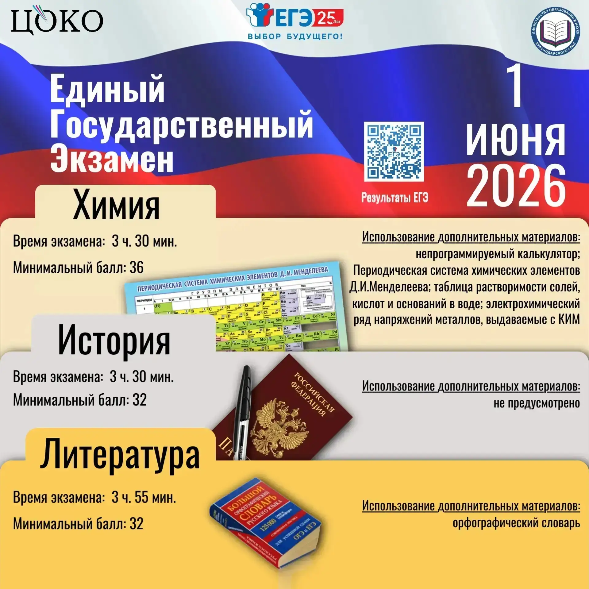 ✍1 июня состоится ЕГЭ по истории, литературе и химии.
⏰ Время начала экзамена – 10.00 часов по местн