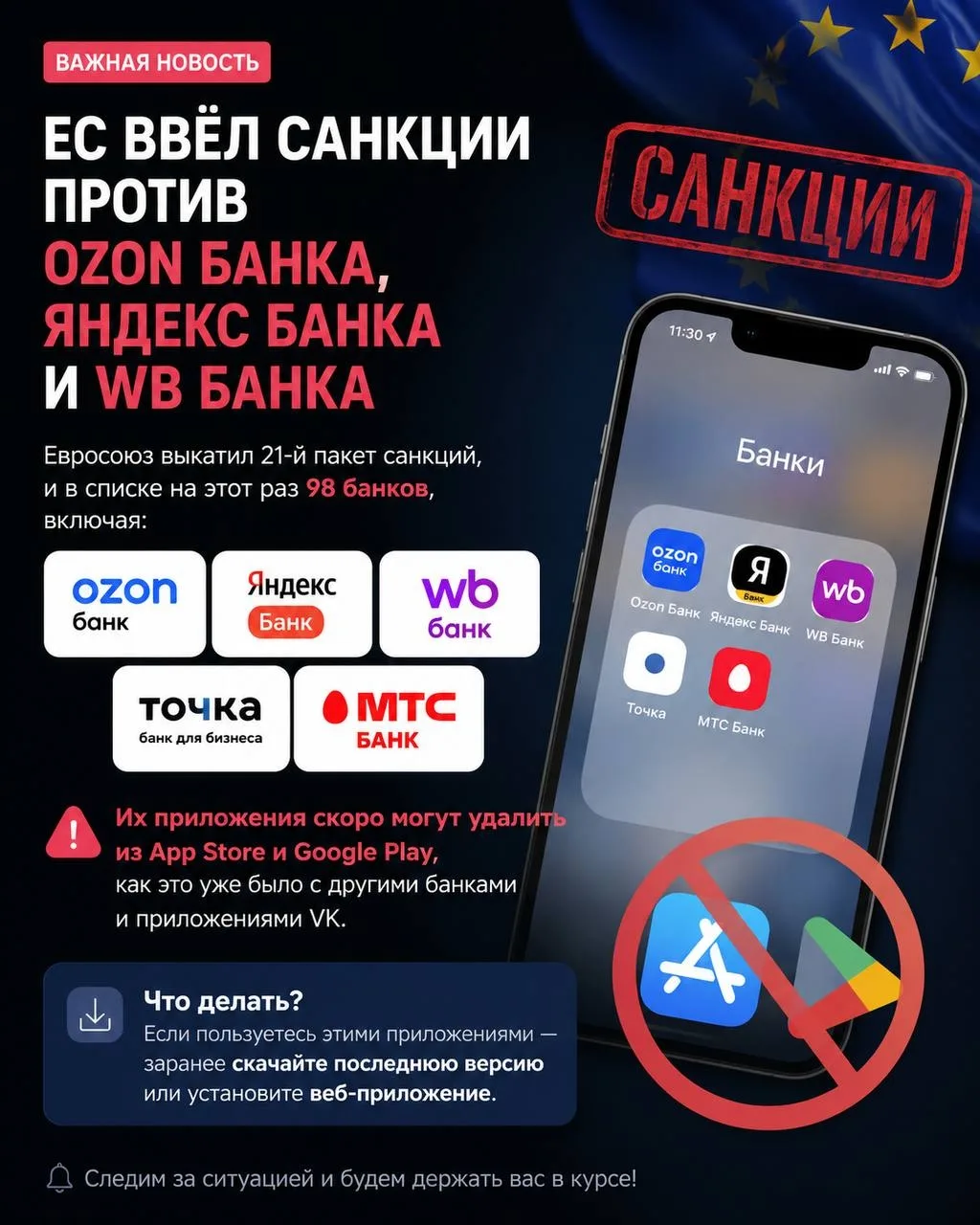 ⚠️ Важно для пользователей Ozon Банка, Яндекс Банка, WB Банка, Точки и МТС Банка

Евросоюз принял 21