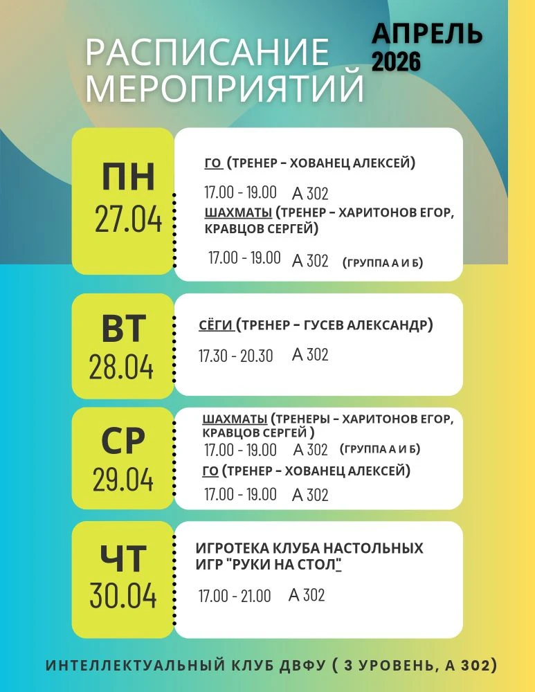 Актуальное расписание тренировок и мероприятий в период с 27 апреля по 03 мая.