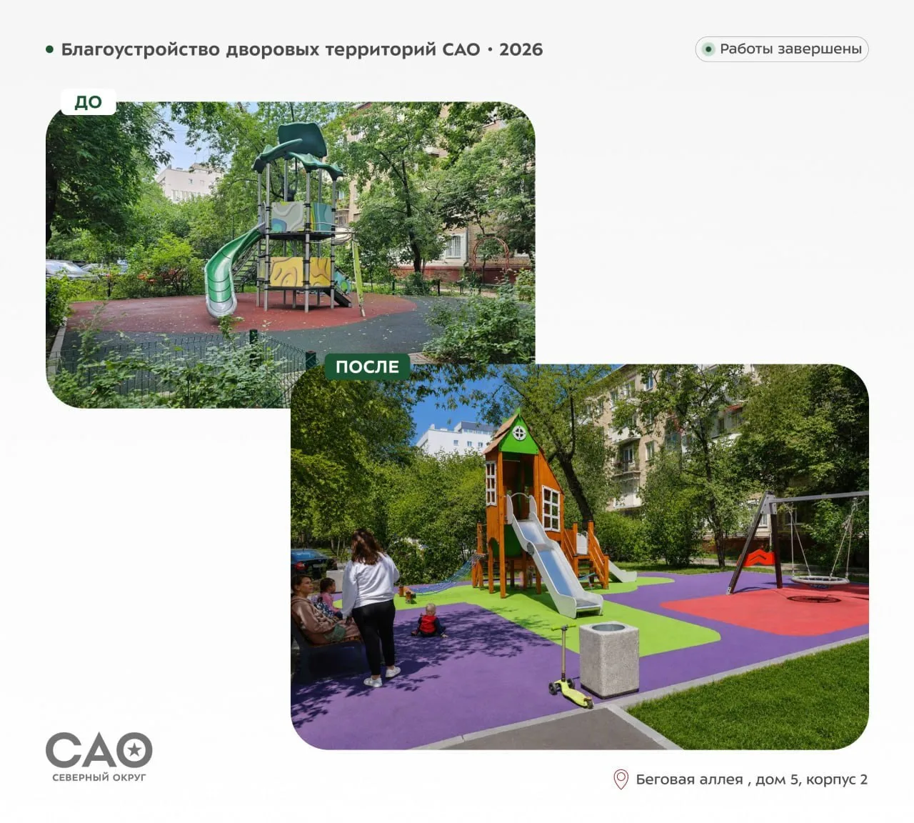 На Беговой аллее, 5к2, обновили дворик — благоустроили газон, добавили ещё один аттракц...