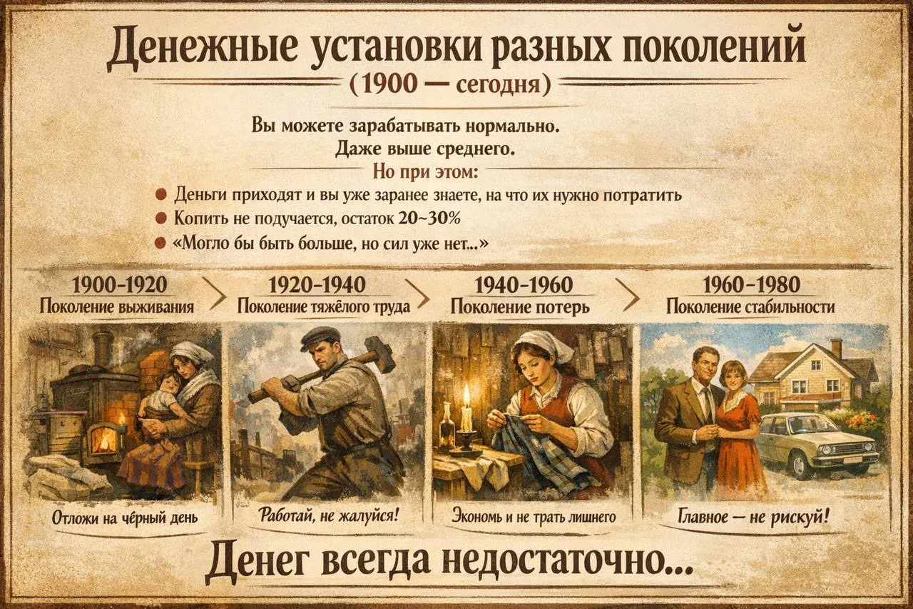 Денежные установки разных поколений (1900 — сегодня)
