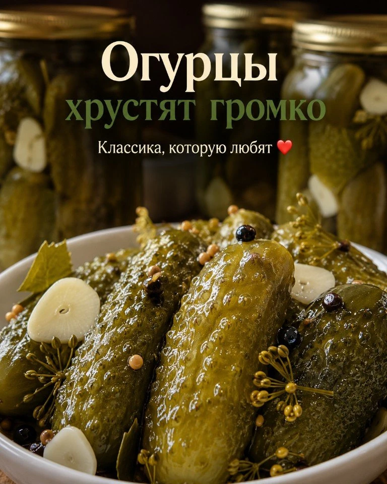 🥒 Огурцы хрустящие в банке
Классические маринованные огурчики с уксусом — крепкие, ароматные и звон