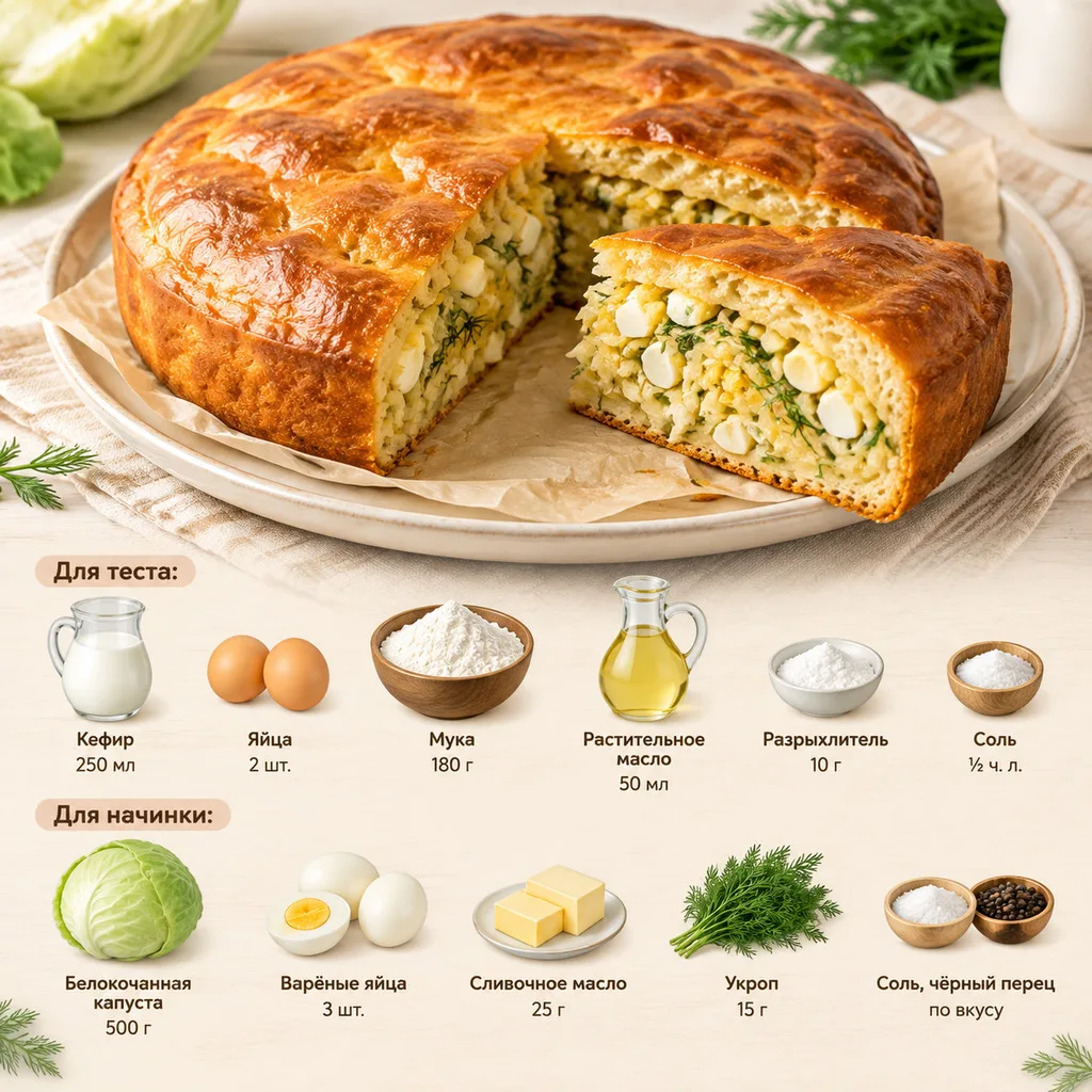 Заливной пирог с капустой и яйцом 🤤