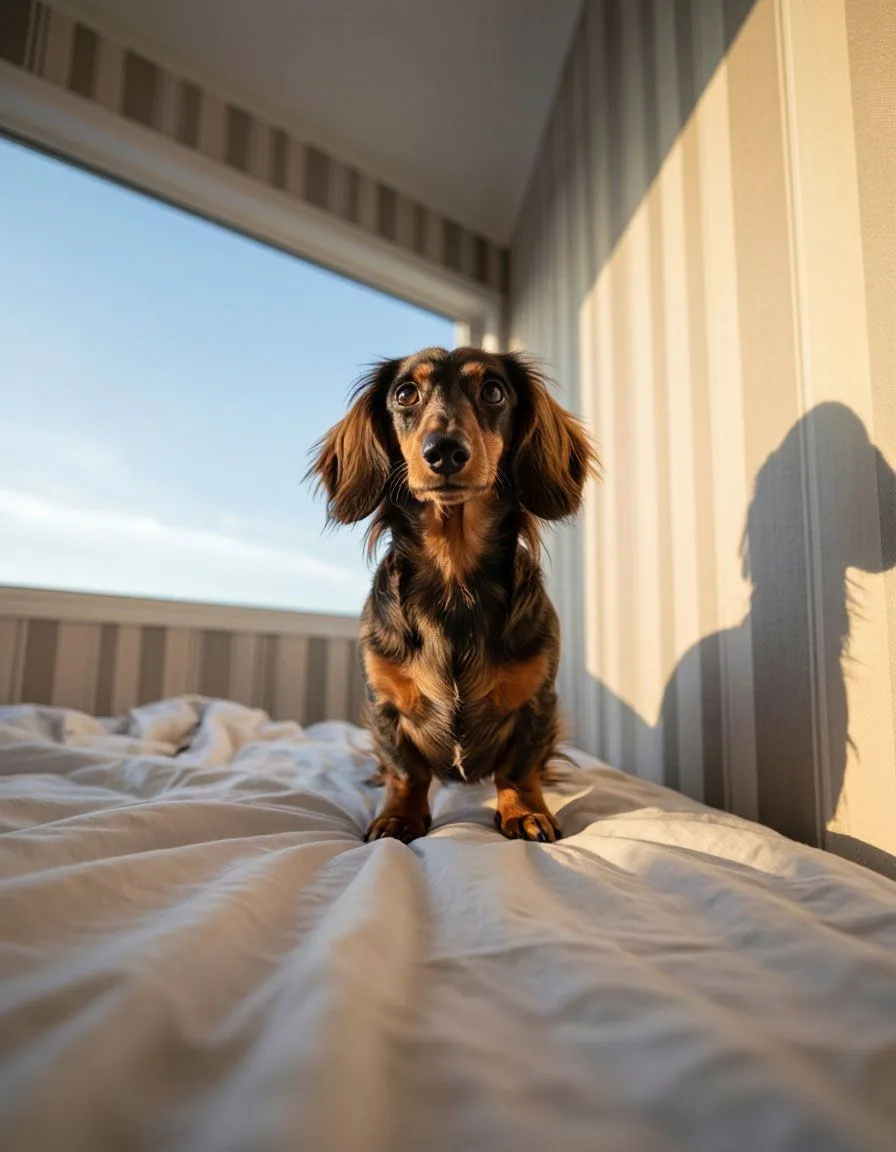 Photorealistic, shot from floor level, low angle view. A long-haired dachshund standing on its hind 