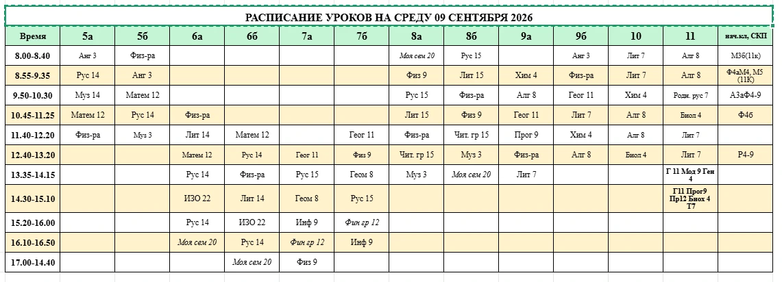 РАСПИСАНИЕ УРОКОВ НА СРЕДУ 09 СЕНТЯБРЯ 2026