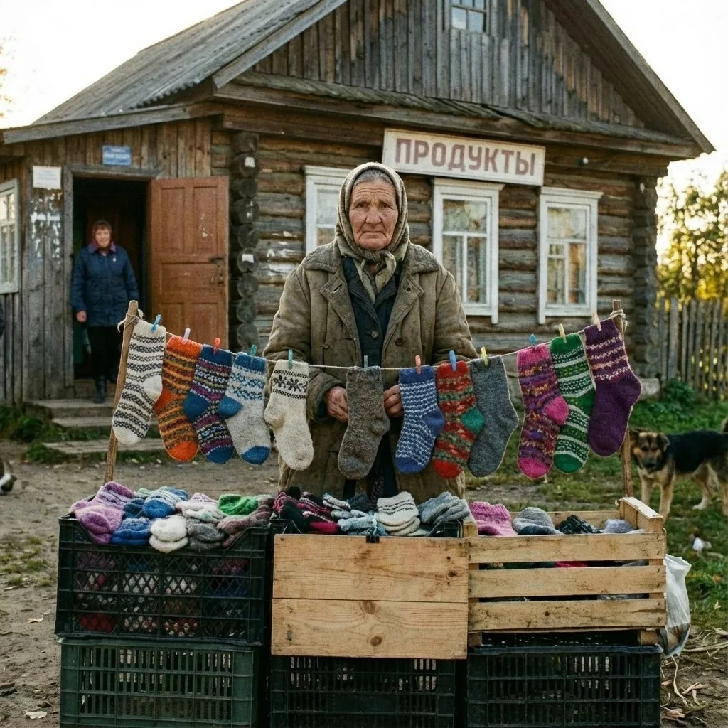 У магазина стояла женщина и продавала носки.