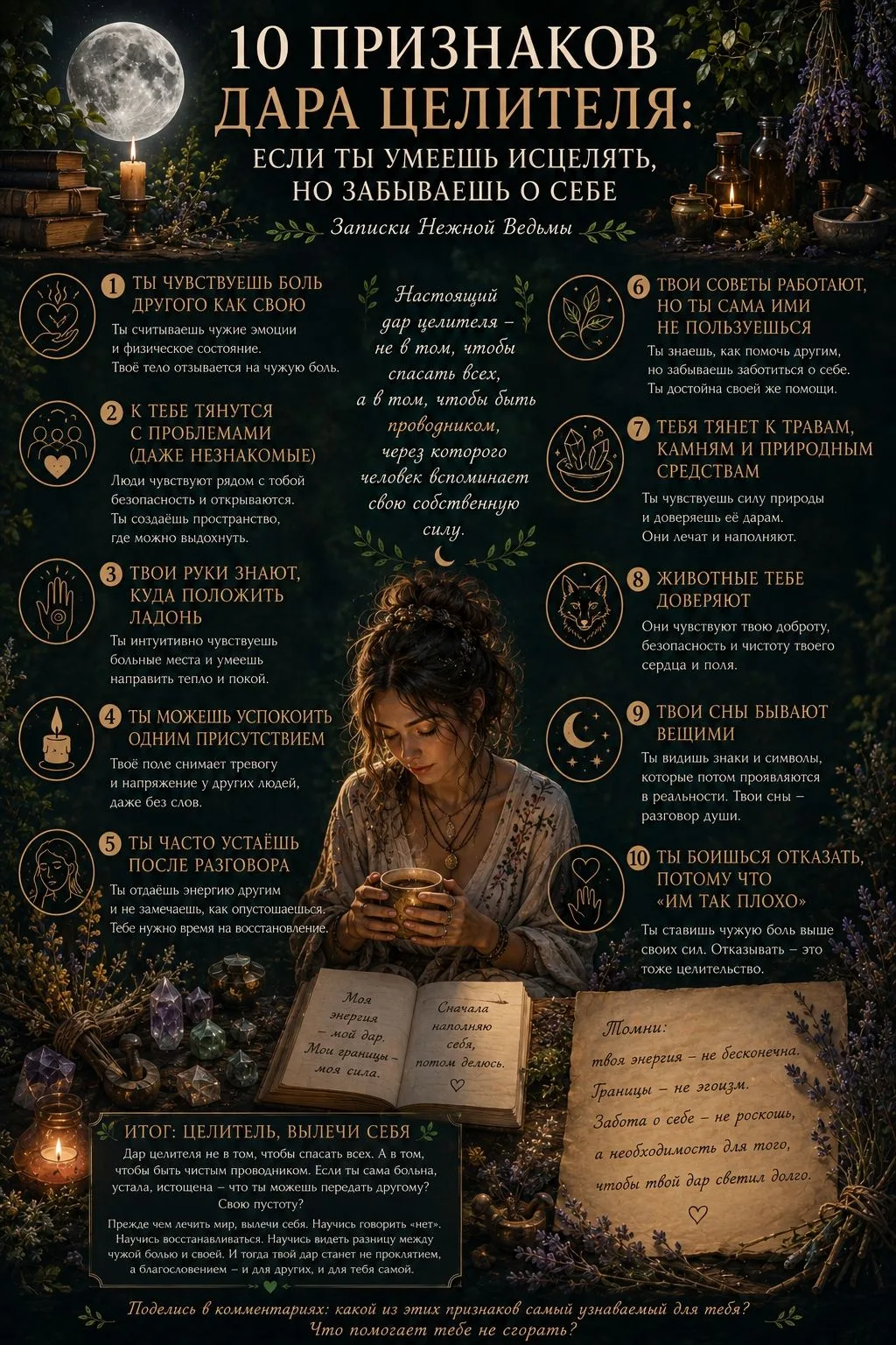 🌿 10 ПРИЗНАКОВ ДАРА ЦЕЛИТЕЛЯ: ЕСЛИ ТЫ ИСЦЕЛЯЕШЬ, НО ЗАБЫВАЕШЬ О СЕБЕ