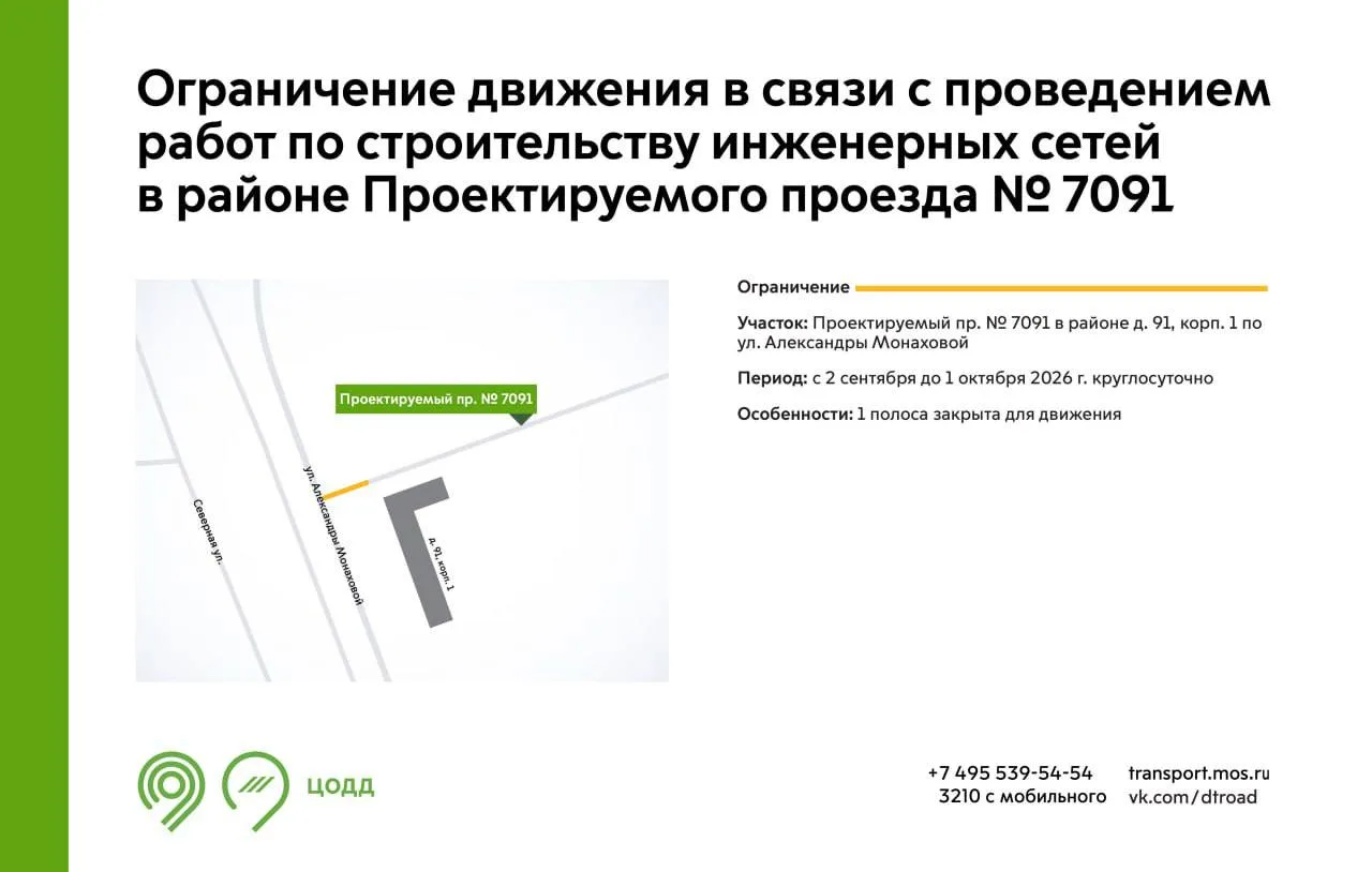 ❗️ С 2 сентября по 1 октября сузят одну полосу в Проектируемом проезде №7091