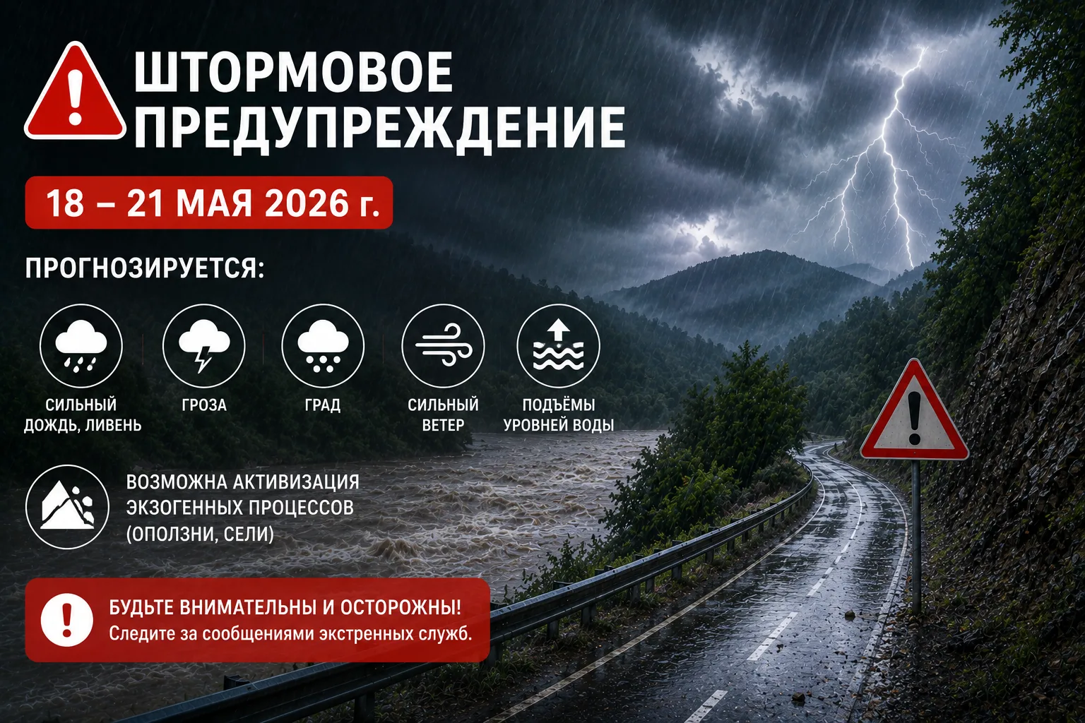 ⚠️🌧 Штормовое предупреждение  18–21 мая в Краснодарском крае прогнозируются: – сильный дождь, ливень