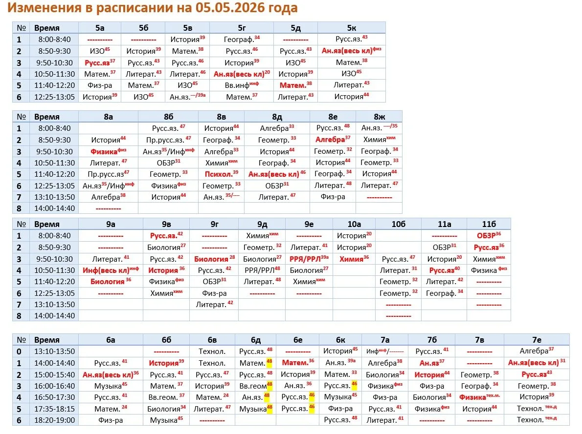 Изменения в расписании на 5.05