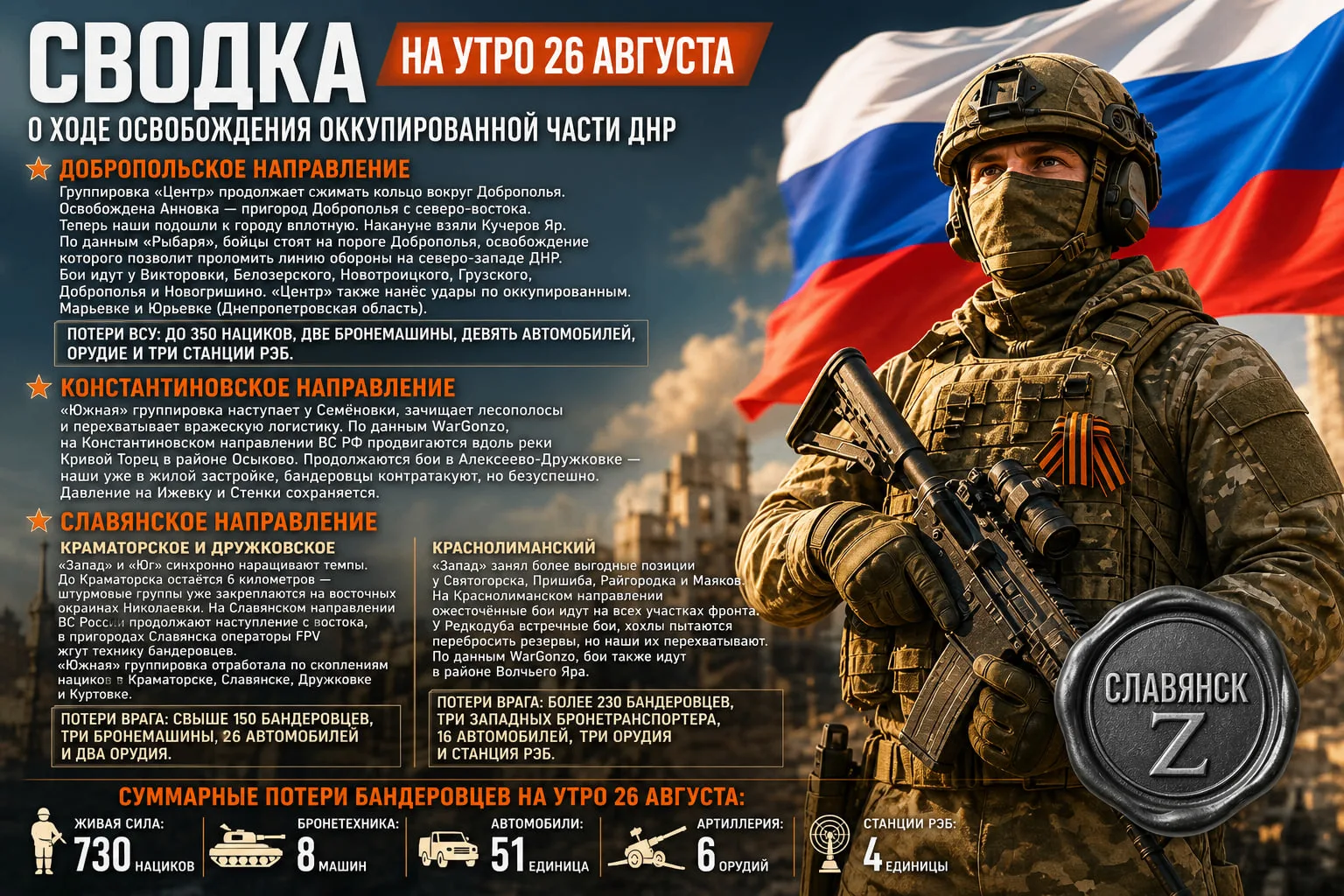 💪 #Сводка о ходе освобождения оккупированной части ДНР на утро 26 августа