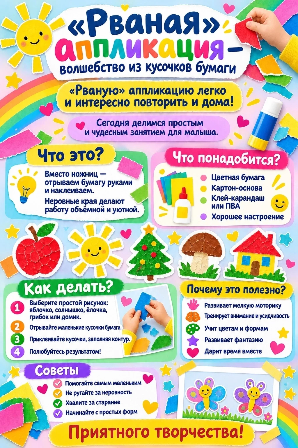 ✂️🌈 Творим вместе: «рваная» аппликация из бумажных кусочков