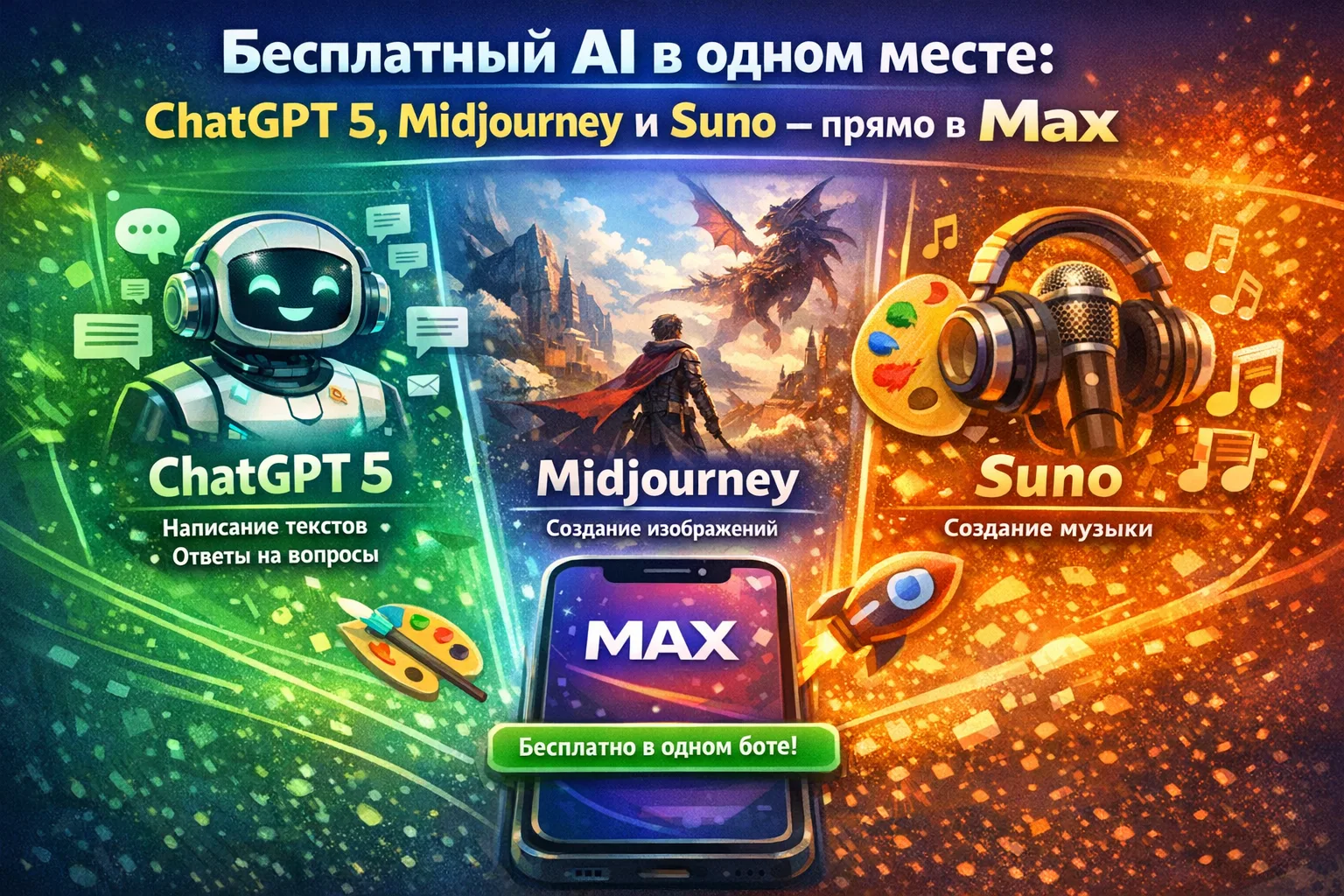 🔥 Бесплатный AI в одном месте: ChatGPT 5, Midjourney и Suno — прямо в Max

Представьте: один бот, а