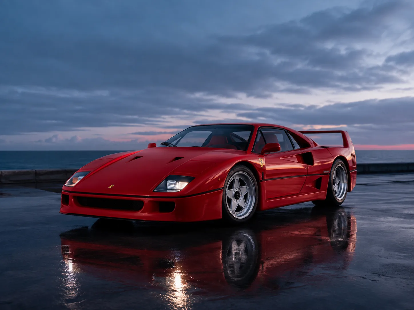 Ferrari F40 в Rosso Corsa. AI-концепт, построенный на чистой геометрии кузова, мокром б...