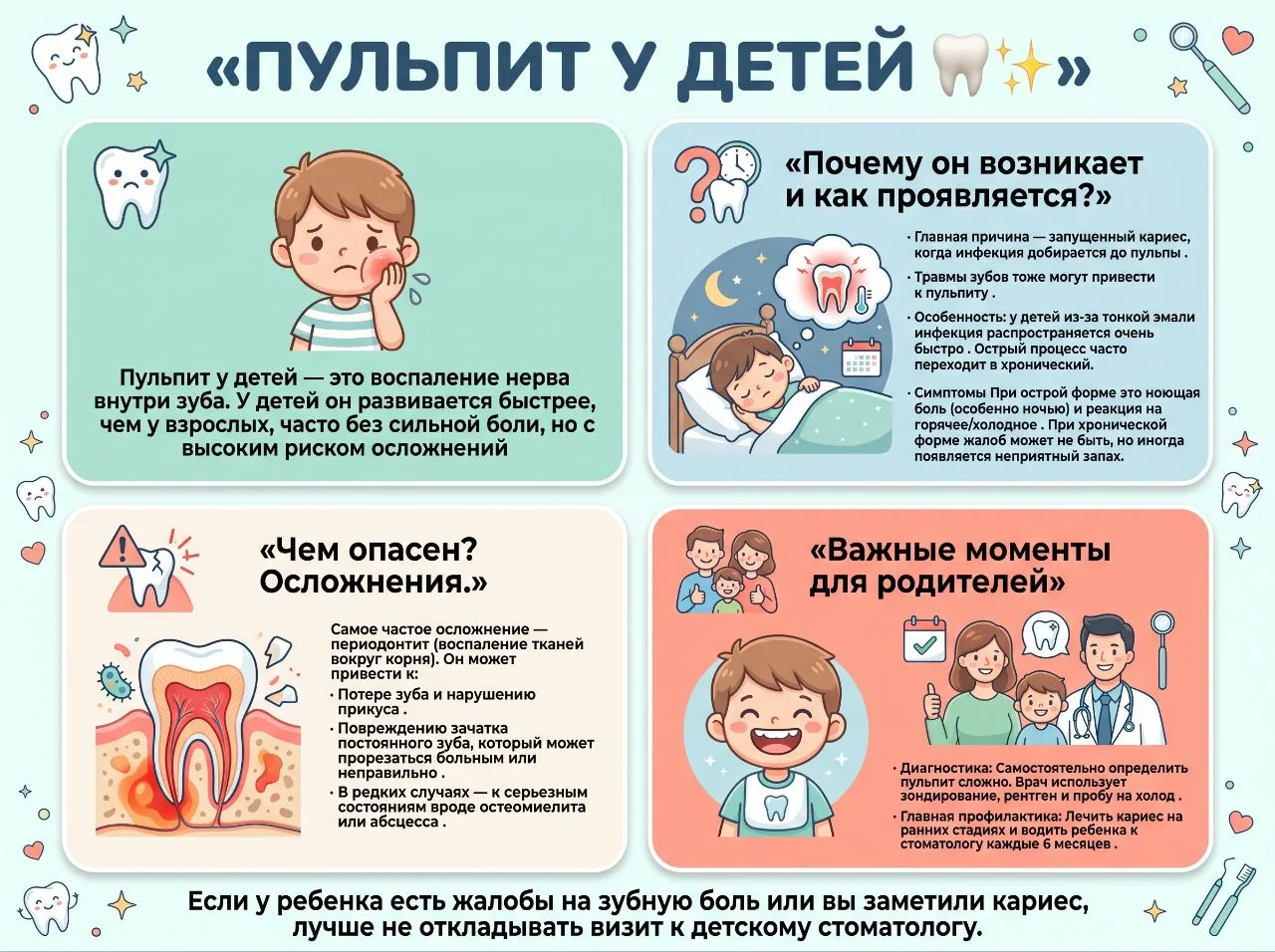 Часто родители думают: «Молочный зуб, выпадет — не страшно». Но пульпит — это воспалени...