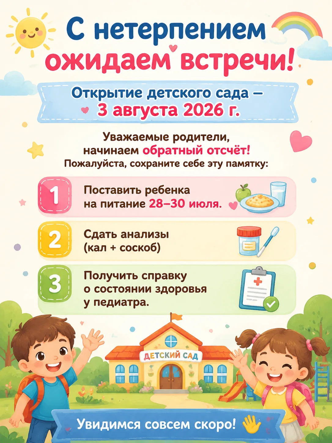 ⚡️ ВАЖНО! Открытие детского сада — 3 августа 2026 г. ⚡️

Уважаемые родители, начинаем обратный отсчё