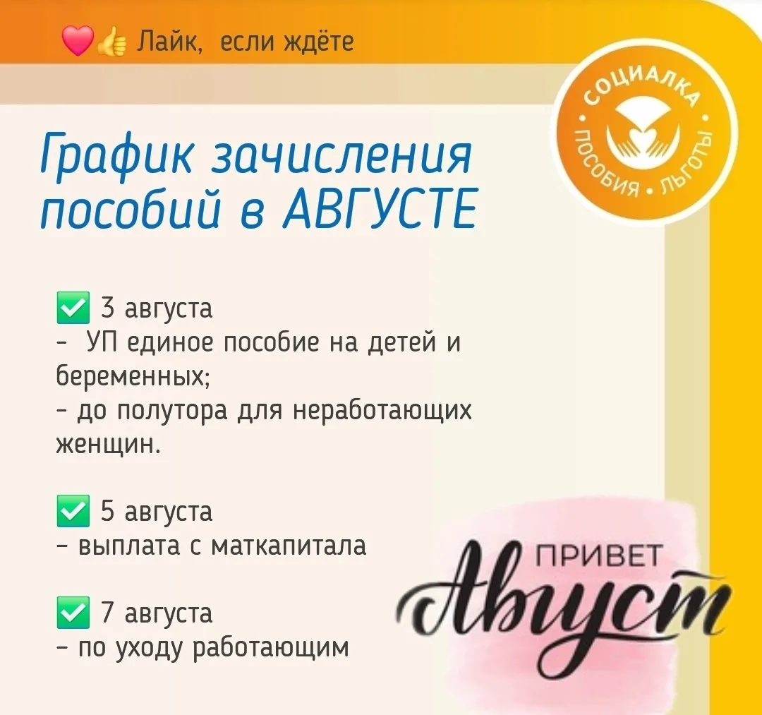 📆 График зачисления пособий в августе 

Все выплаты от СФР будут зачислены в первую рабочую неделю 