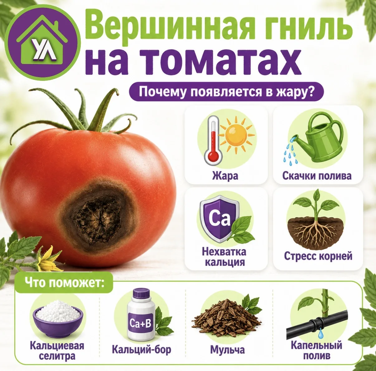 🍅 На томатах появились чёрные пятна снизу плода?

Скорее всего, это вершинная гниль.

Выглядит стра