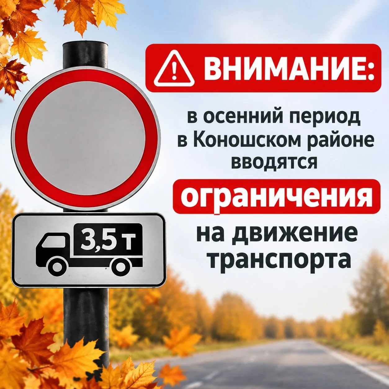 ‼️ Внимание: в осенний период в Коношском районе вводятся ограничения на движение транс...