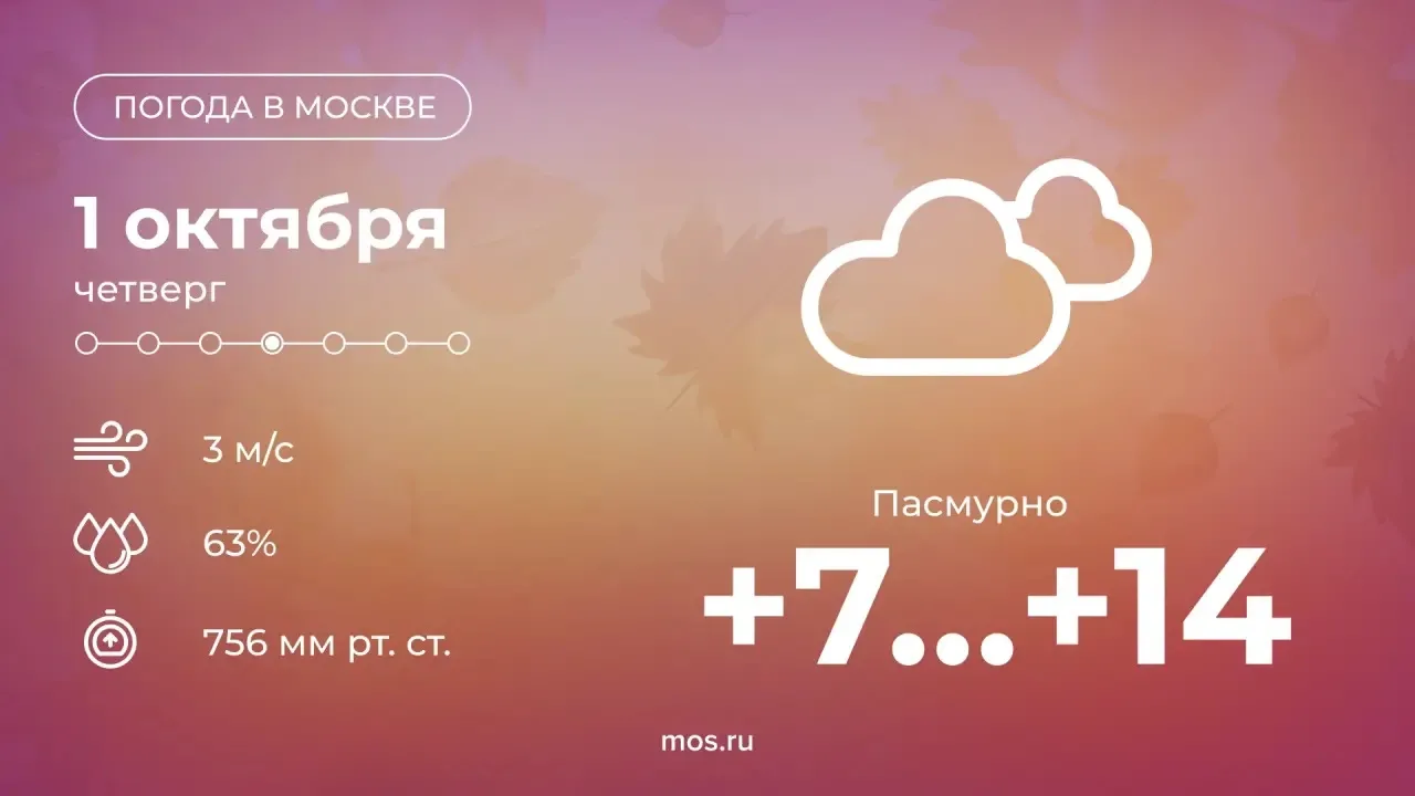 ☁️  Доброе утро! Сегодня в столице будет пасмурно. Температура воздуха поднимется до +1...