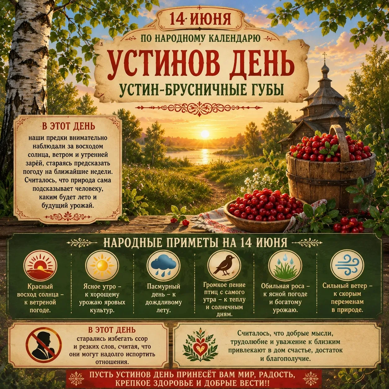 🌿✨ 14 ИЮНЯ — УСТИНОВ ДЕНЬ (УСТИН-БРУСНИЧНЫЕ ГУБЫ) ✨🌿

14 июня в народном календаре отмечается Усти