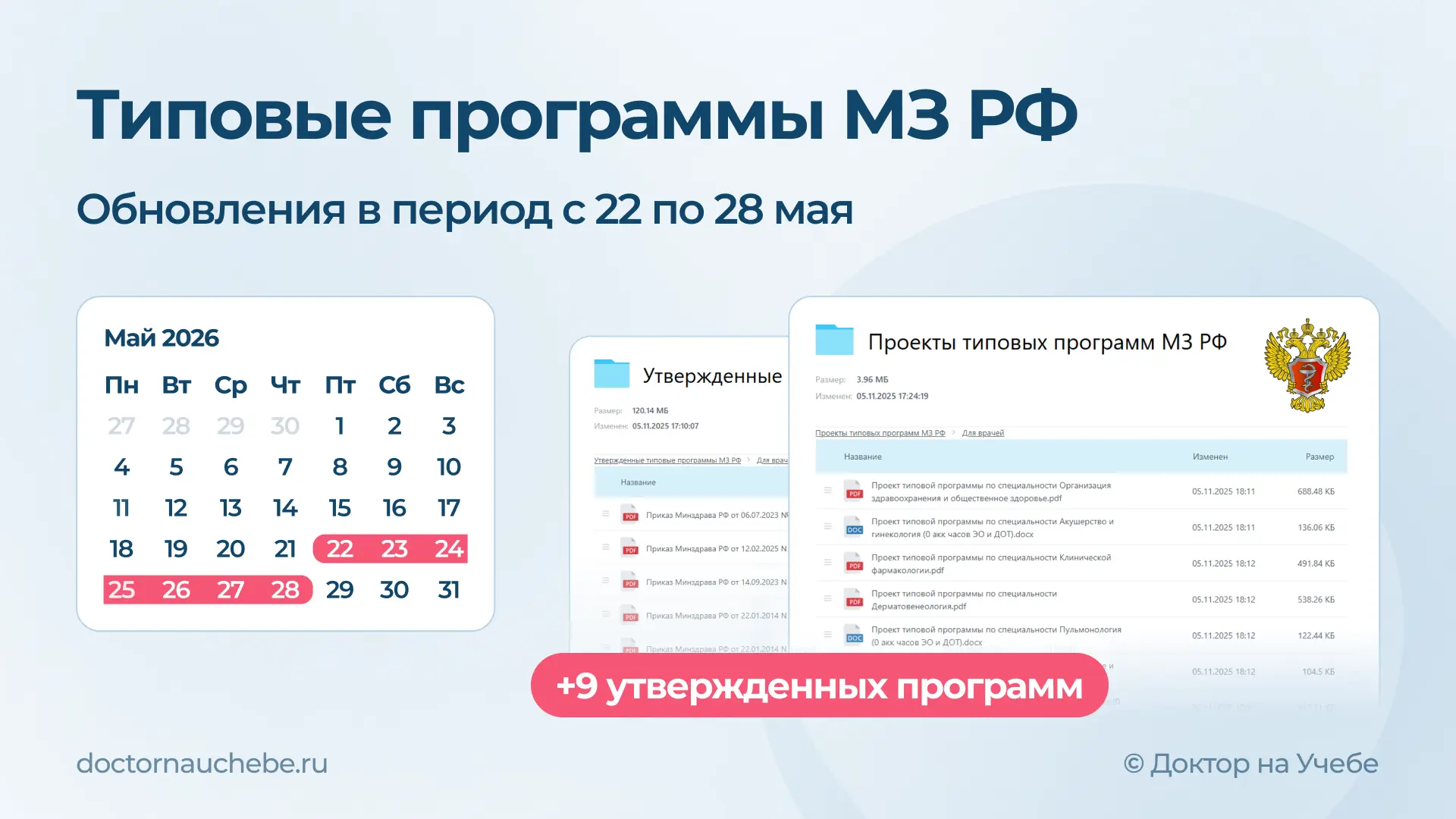 🔔 Новые типовые программы МЗ РФ!

За период с 22 по 28 мая 2026 года Минздрав утвердил 9 новых типо