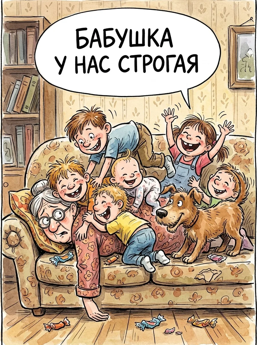 Бабушка строгая, все её боятся: висят на ней гроздьями и требуют продолжения. Строгость...