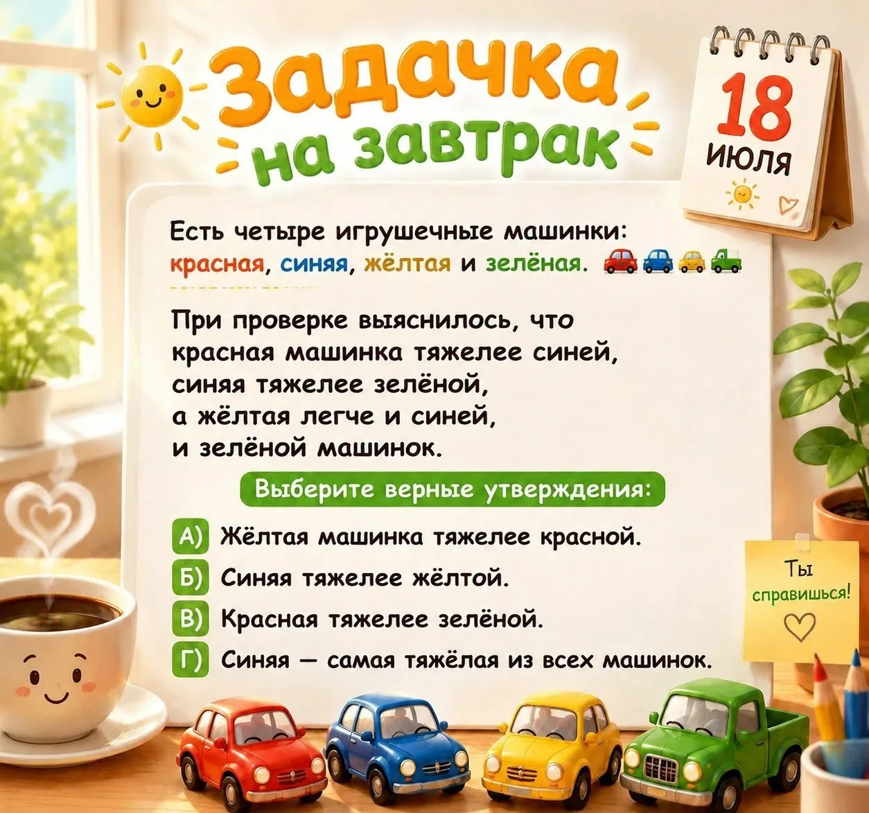 ☀ Задачка на завтрак ☕️ 
 
Пишите свой ответ в комментариях☀ 
❤ Просто поставьте реакцию, если задач