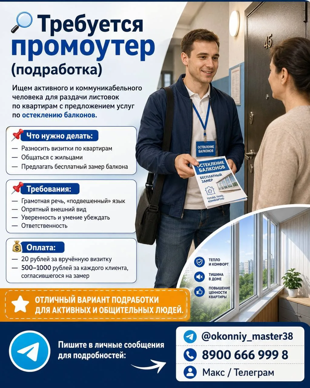 🔎 Требуется промоутер (подработка)

Ищем активного и коммуникабельного человека для раздачи листово