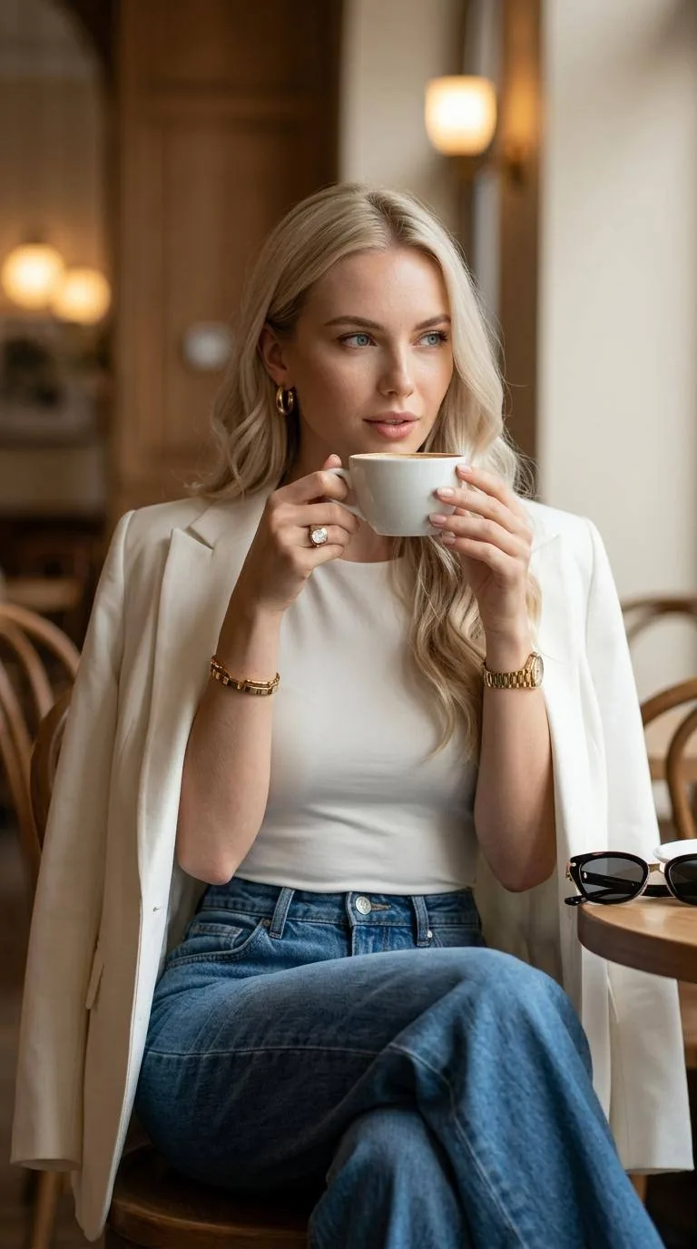 Чистый глам 🖤  Ultra-realistic editorial photography capturing a sophisticated café setting. The bac