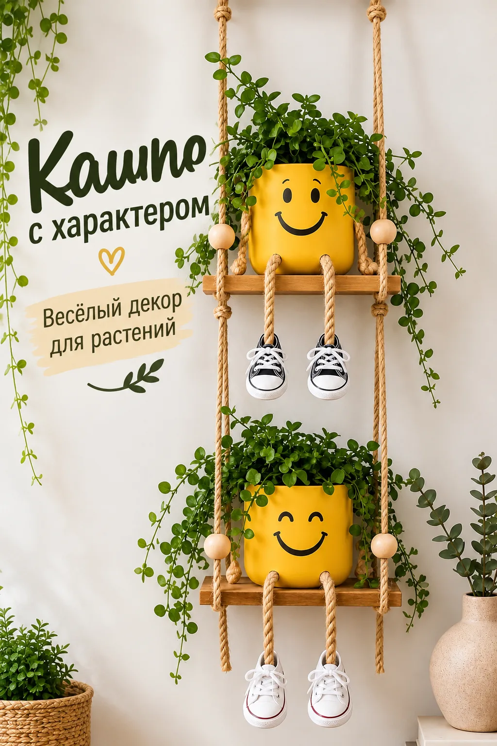 Подвесные кашпо своими руками можно превратить в забавный интерьерный декор с характером.