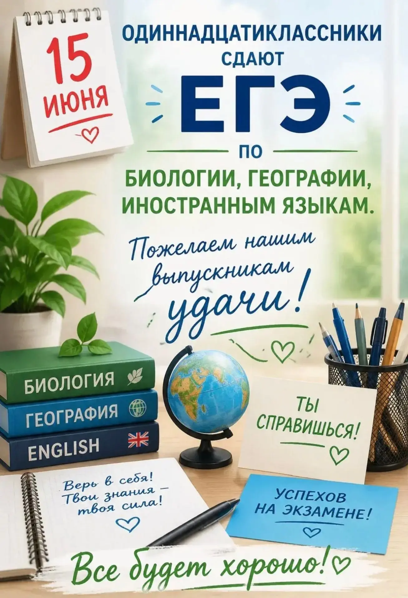 15 июня выпускники 11 классов сдают ЕГЭ по биологии, географии и письменной части по английскому язы