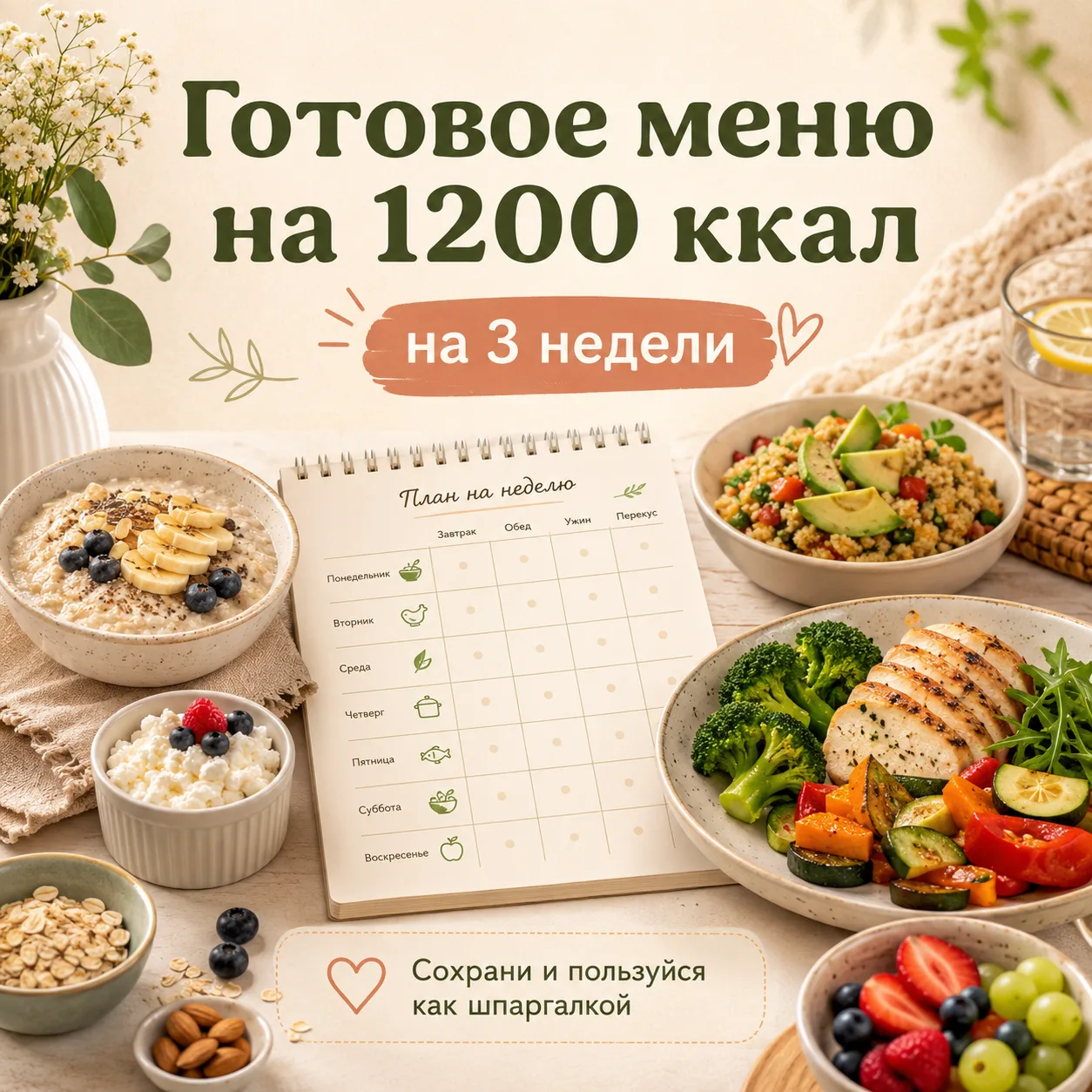 🥗 Готовое меню на 1200 ккал на 3 недели