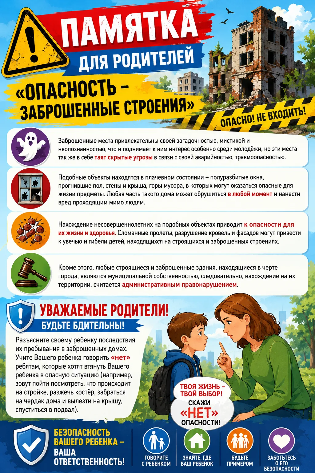 🚧Памятка для родителей "Опасность заброшенных сооружений".

#АленькийЦветочек 
#АленькийЦветочекНоя
