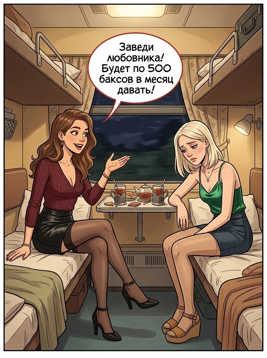 Две женщины едут в поезде в одном купе.