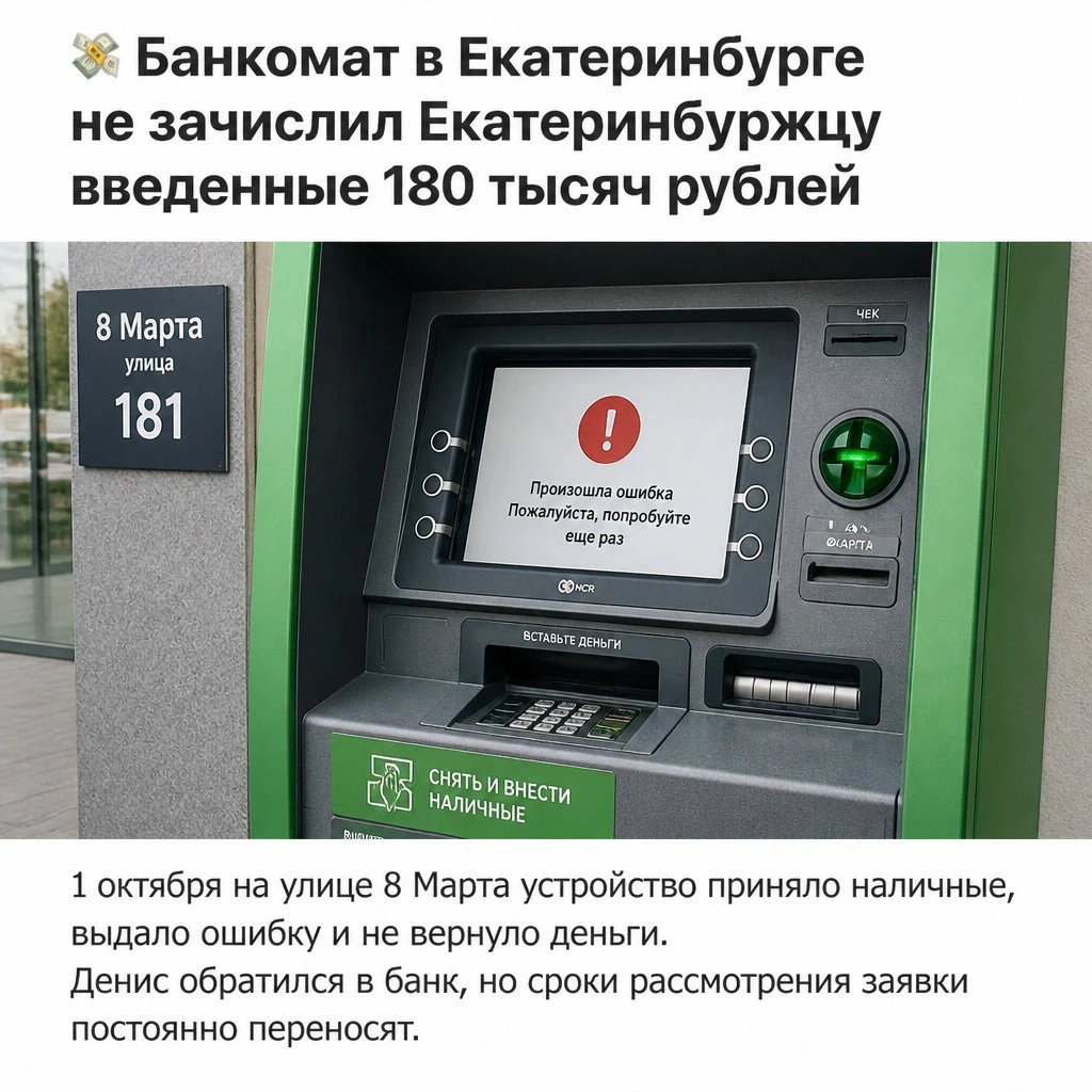 💸 Банкомат в Екатеринбурге не зачислил Екатеринбуржцу введенные 180 тысяч рублей