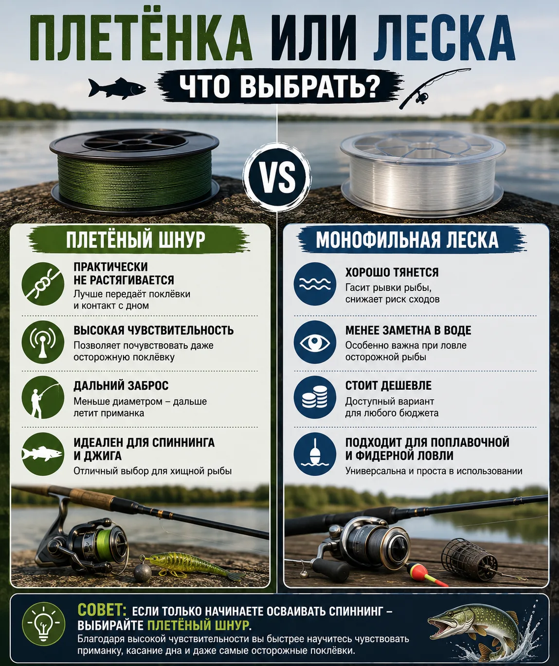 🎣 Плетёнка или леска — что выбрать?

Этот вопрос возникает у каждого, кто собирает свою первую снас