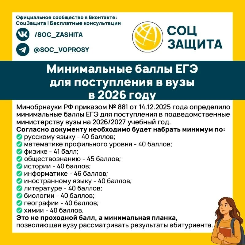 Минимальные результаты ЕГЭ, позволяющие подать документы в ВУЗы в 2026 году.  Подписаться https://ma