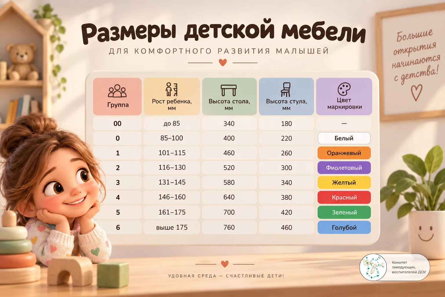 Таблица соответствия роста ребенка и размера мебели 📌