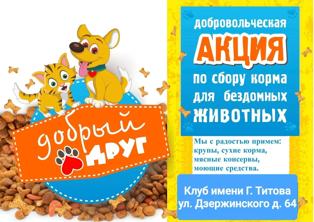 🙌В клубе имени Г. Титова объявляется добровольческая акция по сбору корма для бездомных животных «Д