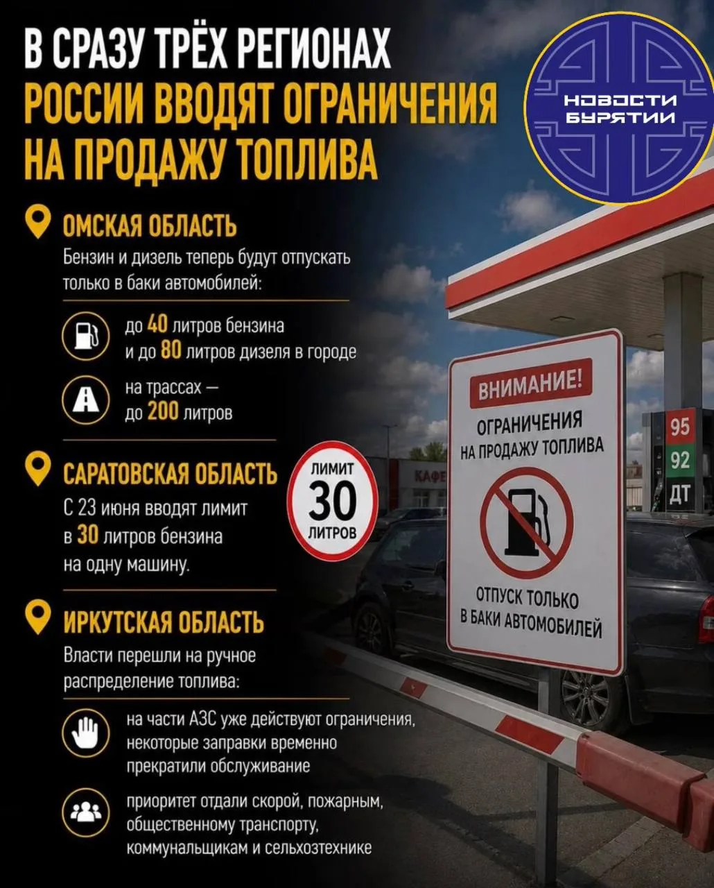 ⚡Сразу в трёх регионах России вводят ограничения на продажу топлива.
▪️В Омской области бензин и диз