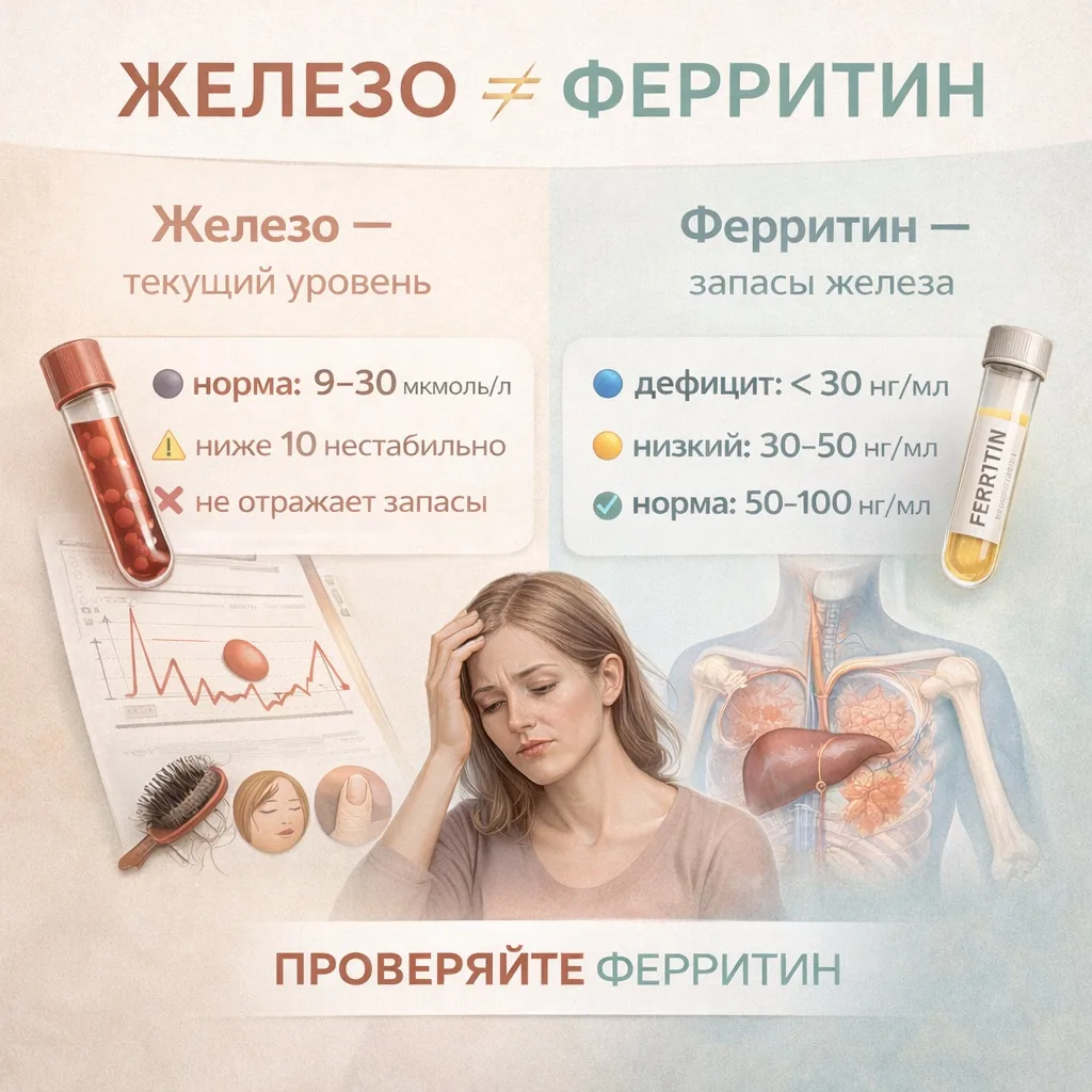 Железо и ферритин — в чём разница и почему анализ «в норме» может вводить в заблуждение  Очень часто