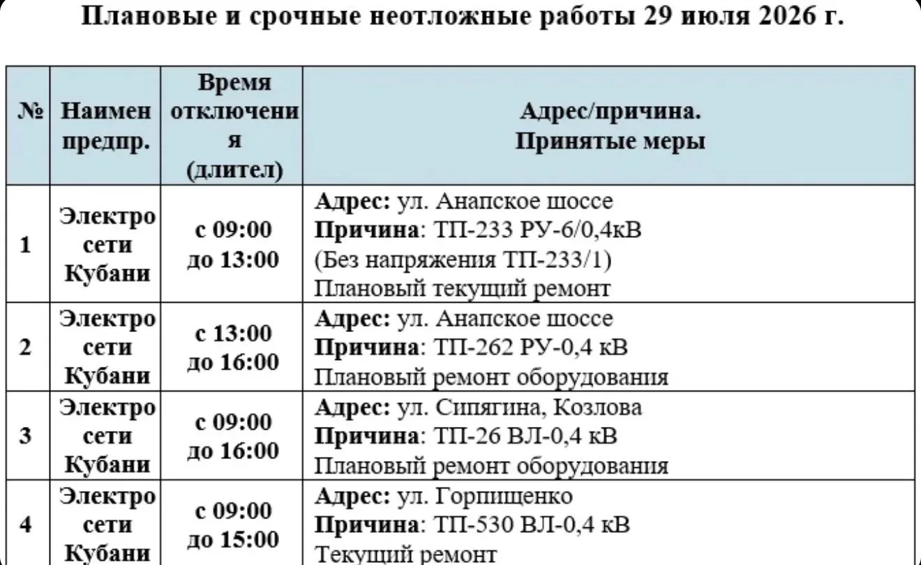 📌Информируем Вас о плановых работах на 29.07.2026

При аварийном отключении Вы можете обратиться:
н